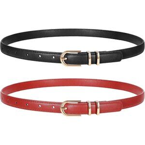 2 Pack Women's Skinny Leather Belts Black Red Thin Faux with Gold Buckle